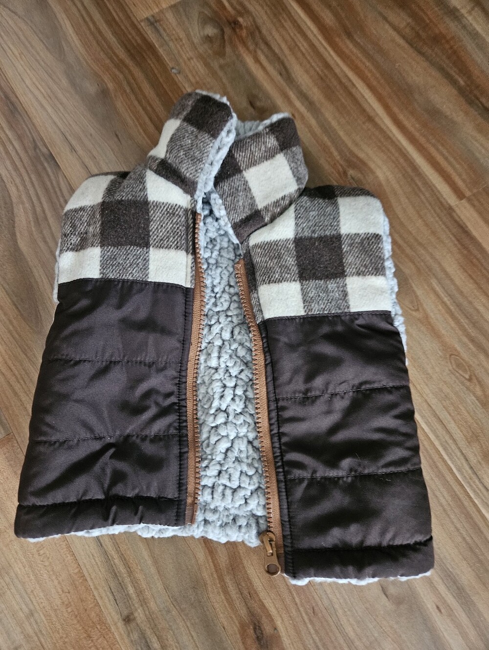 Kids Faux-Sherpa Lined Brown Plaid Hooded Vest 12 Months